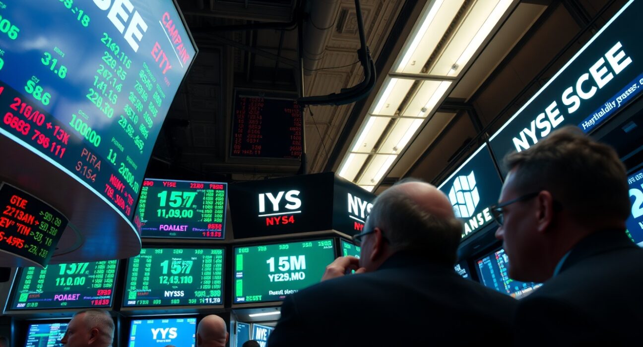 Traders on NYSE floor watching stock tickers during volatile session