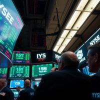 Traders on NYSE floor watching stock tickers during volatile session