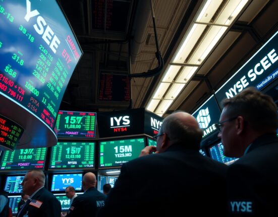 Traders on NYSE floor watching stock tickers during volatile session