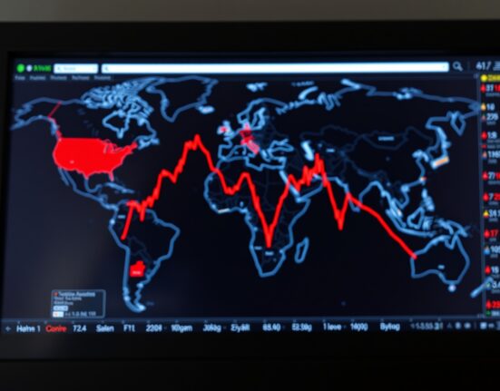 Dow Jones Industrial Average chart showing a sharp decline amid renewed geopolitical uncertainty.