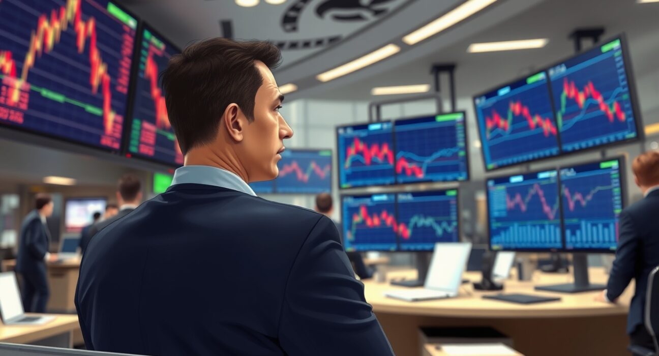 Trader analyzes sharp Dow Jones decline on financial market monitors during volatile session.