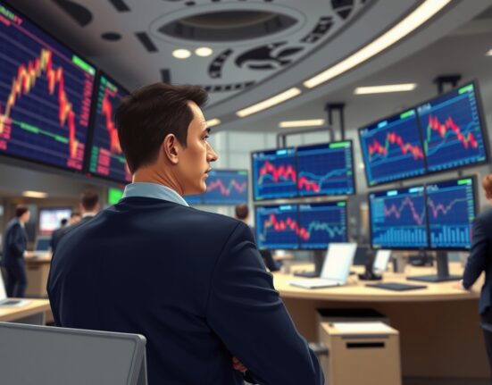 Trader analyzes sharp Dow Jones decline on financial market monitors during volatile session.