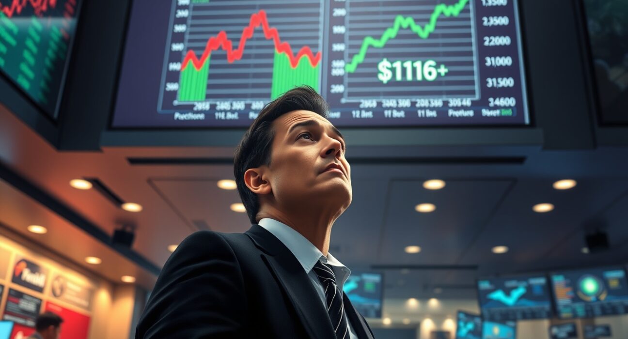 Trader reacts as Dow Jones and oil price charts show extreme market volatility due to Iran tensions.