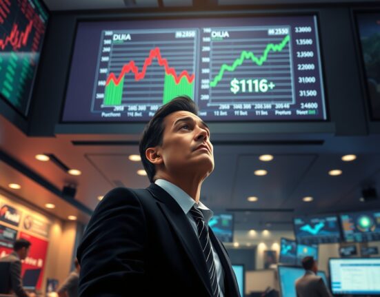 Trader reacts as Dow Jones and oil price charts show extreme market volatility due to Iran tensions.