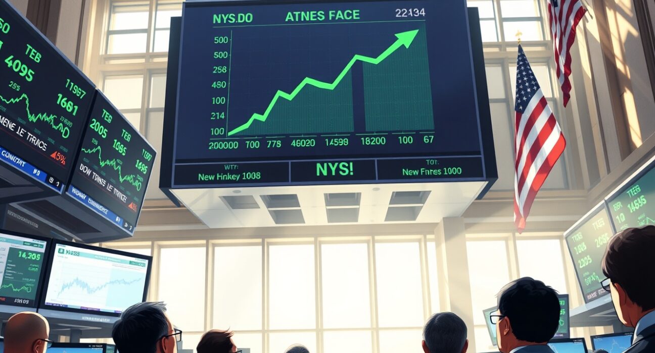 Dow Jones Industrial Average rally on NYSE trading floor as traders react to economic data