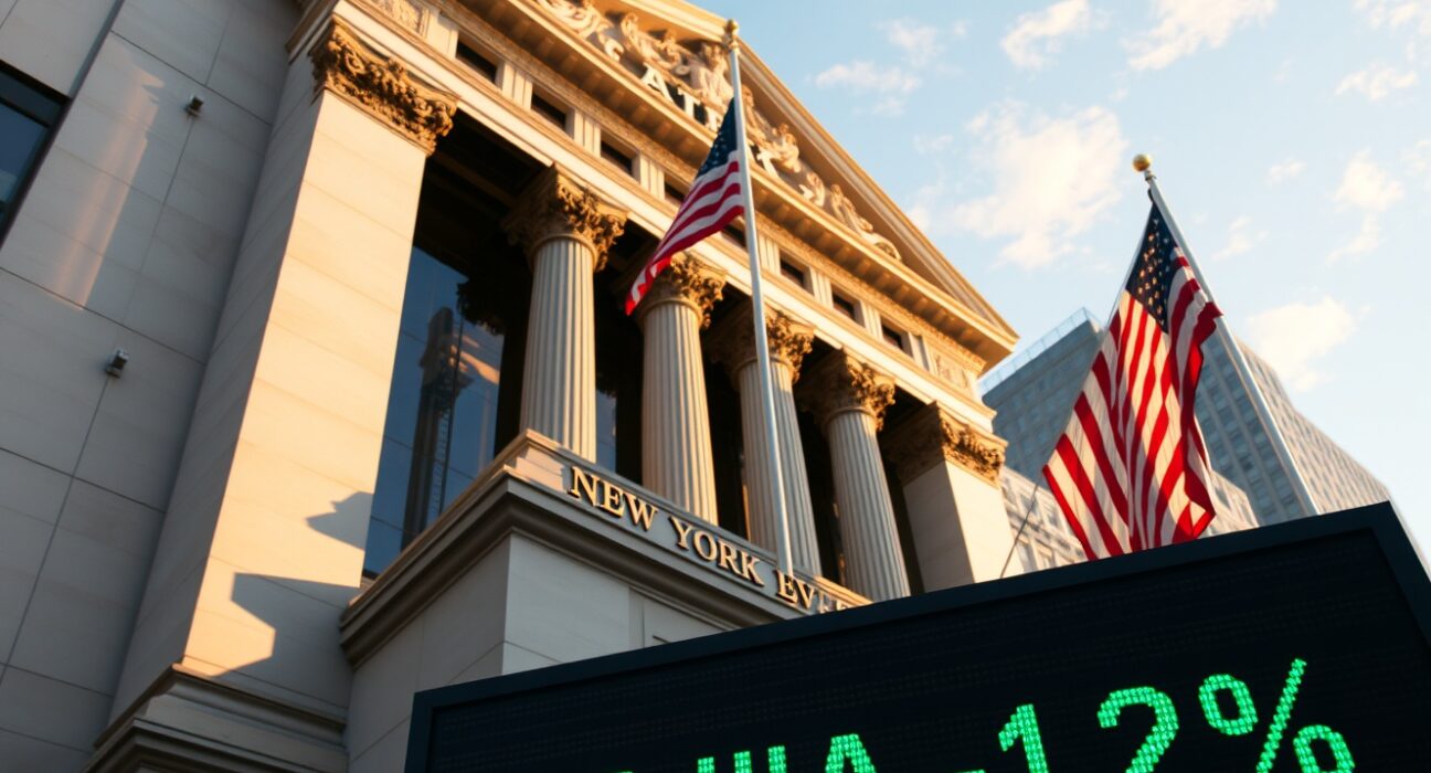 New York Stock Exchange facade with green digital ticker showing Dow Jones rallying over 1%