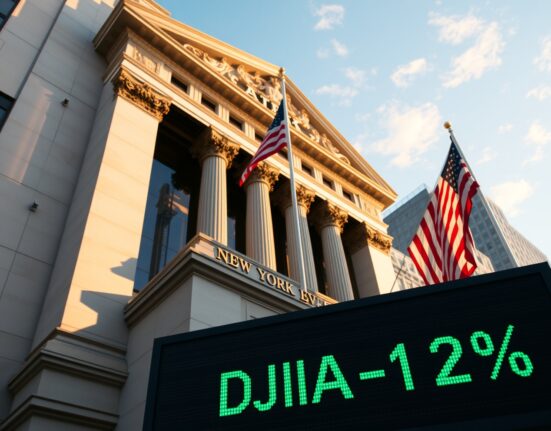New York Stock Exchange facade with green digital ticker showing Dow Jones rallying over 1%
