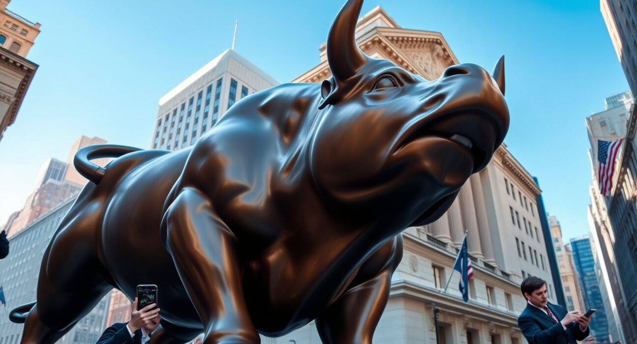 Dow Jones Industrial Average rally symbolized by Wall Street bull with optimistic market sentiment