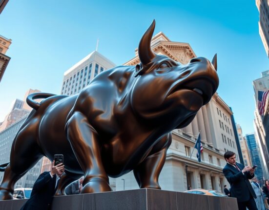 Dow Jones Industrial Average rally symbolized by Wall Street bull with optimistic market sentiment