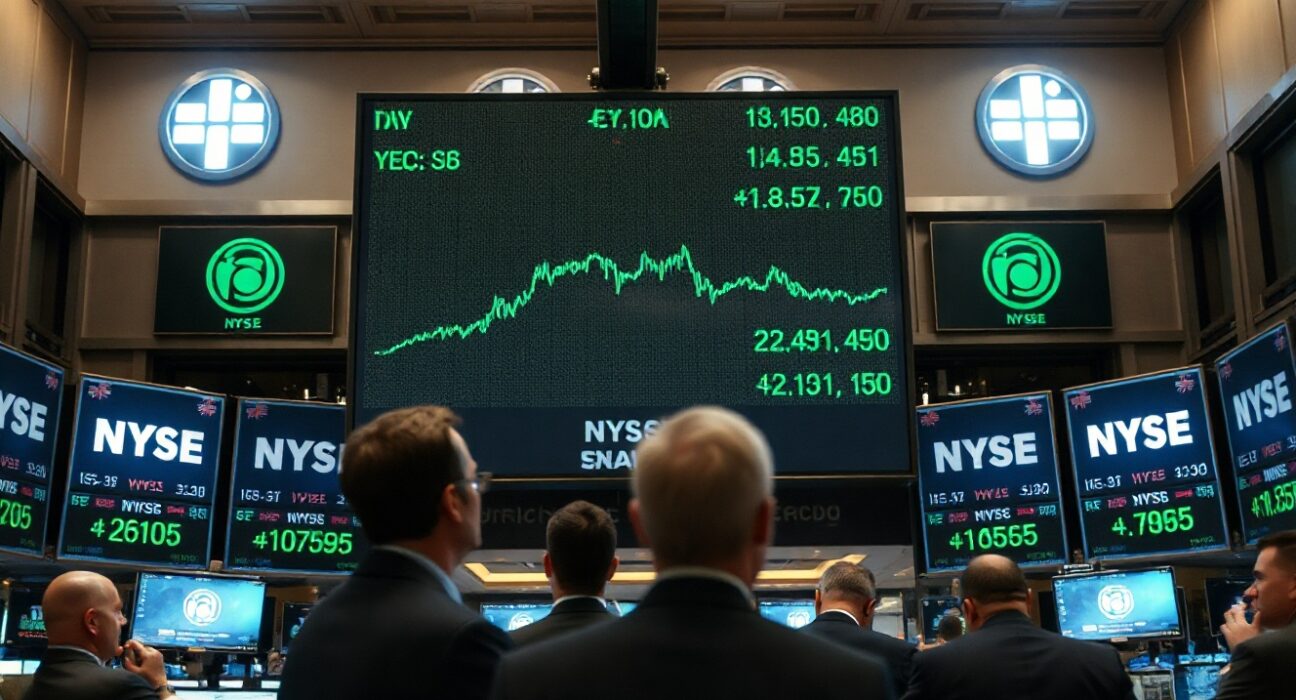 Dow Jones Industrial Average green on NYSE ticker board with traders in background