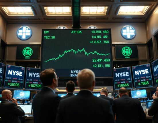 Dow Jones Industrial Average green on NYSE ticker board with traders in background