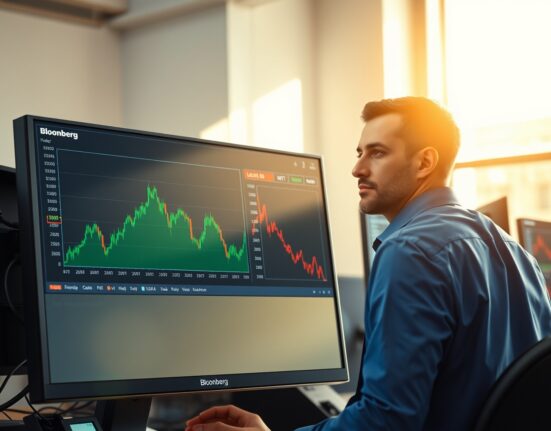 Dow Jones Industrial Average chart rising as crude oil price chart falls on a financial terminal.