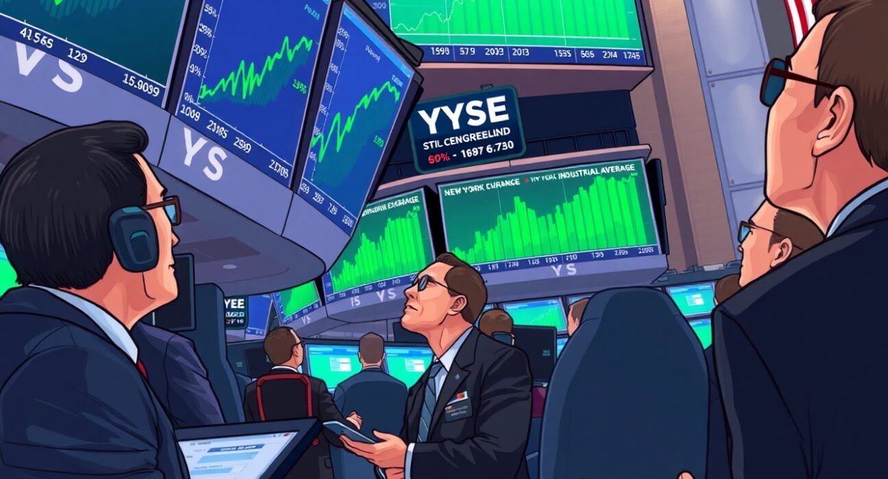 New York Stock Exchange trading floor with green screens showing Dow Jones rebound