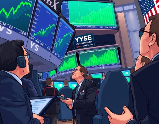 New York Stock Exchange trading floor with green screens showing Dow Jones rebound