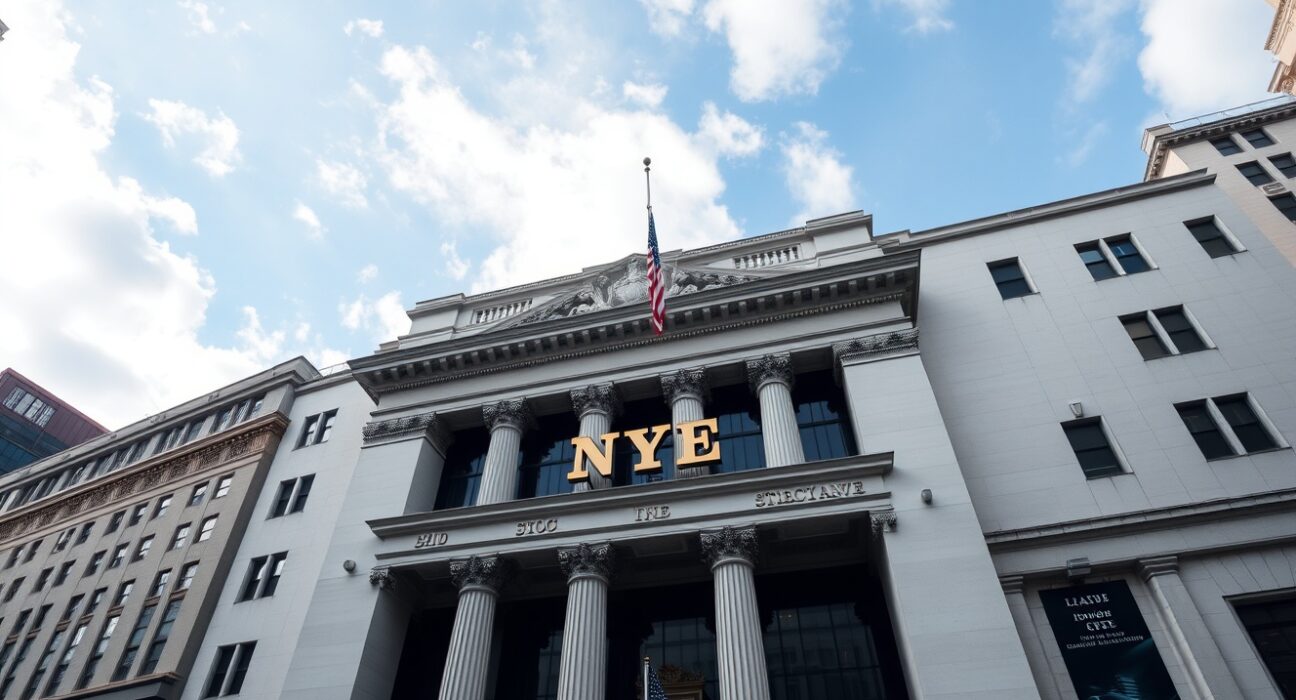 New York Stock Exchange building facade on Wall Street under partly cloudy sky
