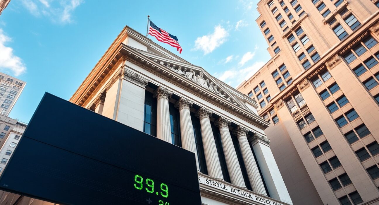 New York Stock Exchange with green digital ticker showing Dow Jones index gains on a sunny day