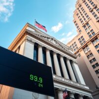 New York Stock Exchange with green digital ticker showing Dow Jones index gains on a sunny day