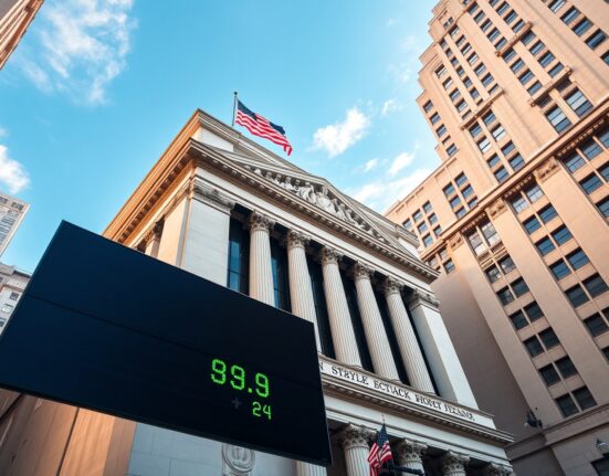 New York Stock Exchange with green digital ticker showing Dow Jones index gains on a sunny day