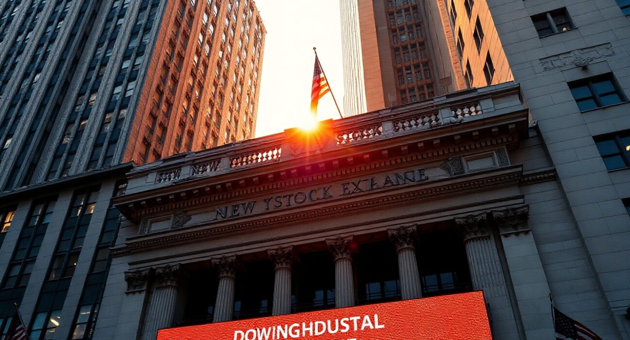 New York Stock Exchange with digital ticker showing Dow Jones at record high