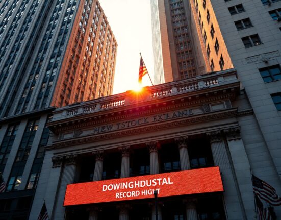 New York Stock Exchange with digital ticker showing Dow Jones at record high