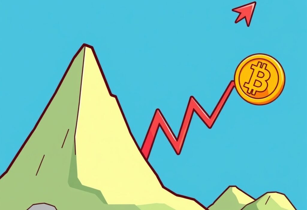 A cartoon illustration showing a soaring stock market graph, symbolizing the Dow Jones Record and its potential positive influence on crypto investments.