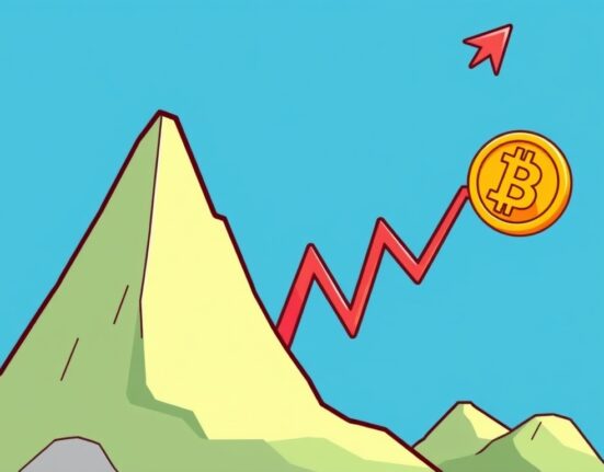 A cartoon illustration showing a soaring stock market graph, symbolizing the Dow Jones Record and its potential positive influence on crypto investments.
