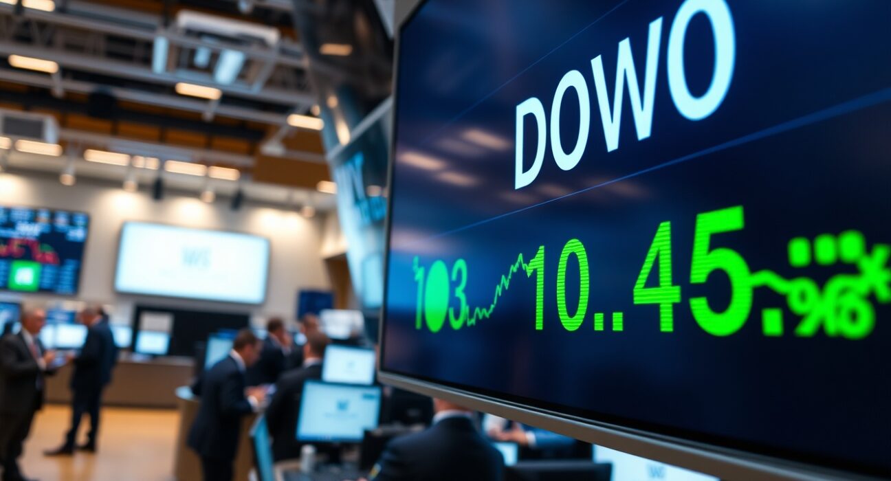 Dow Jones Industrial Average display showing a record high on a trading floor.