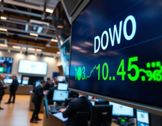 Dow Jones Industrial Average display showing a record high on a trading floor.
