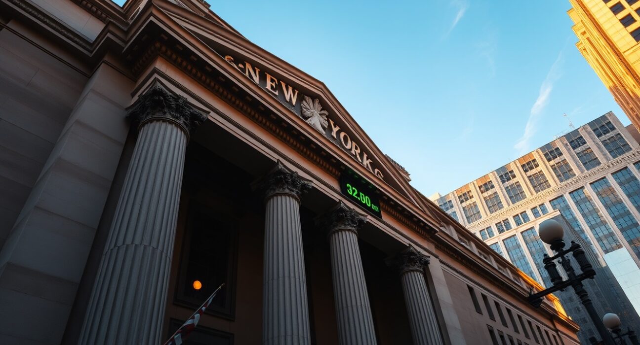 New York Stock Exchange building with digital ticker showing Dow Jones index in green