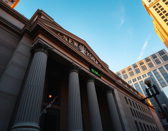 New York Stock Exchange building with digital ticker showing Dow Jones index in green