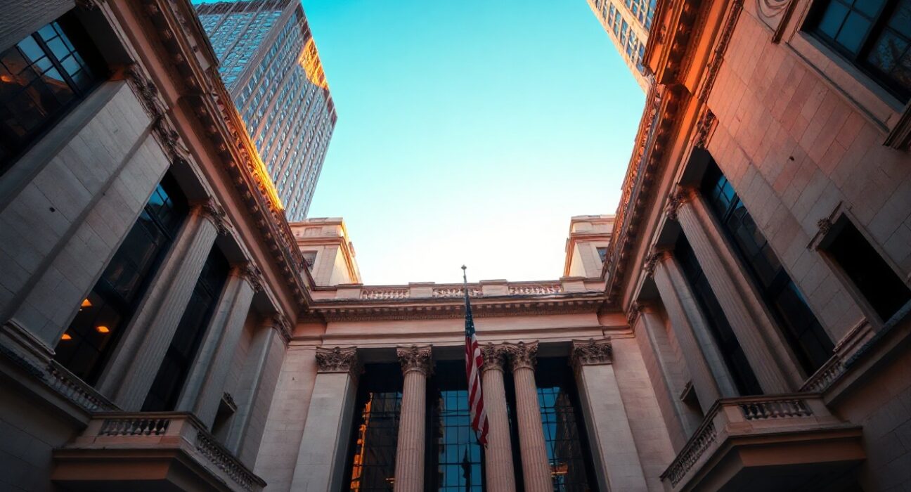 New York Stock Exchange facade with American flag under clear blue sky