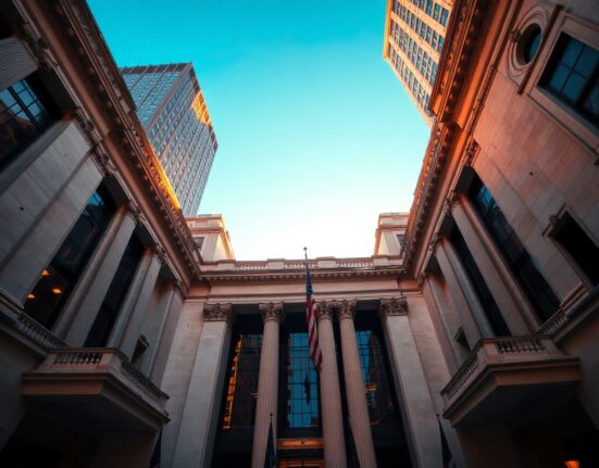 New York Stock Exchange facade with American flag under clear blue sky
