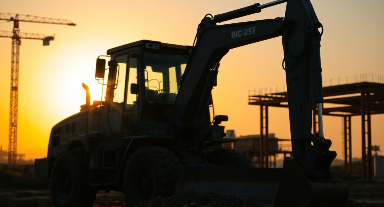 A bulldozer at a construction site during sunset, symbolizing industrial strength and the Dow Jones rally.