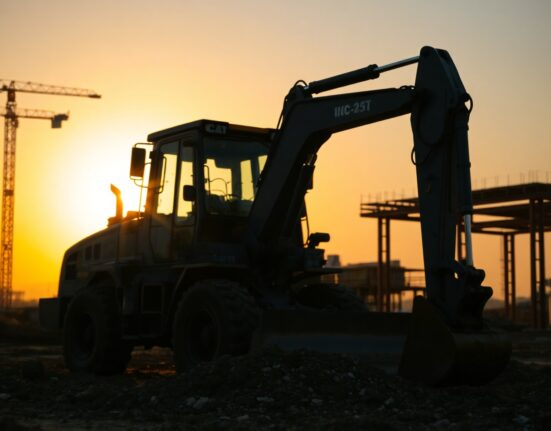 A bulldozer at a construction site during sunset, symbolizing industrial strength and the Dow Jones rally.