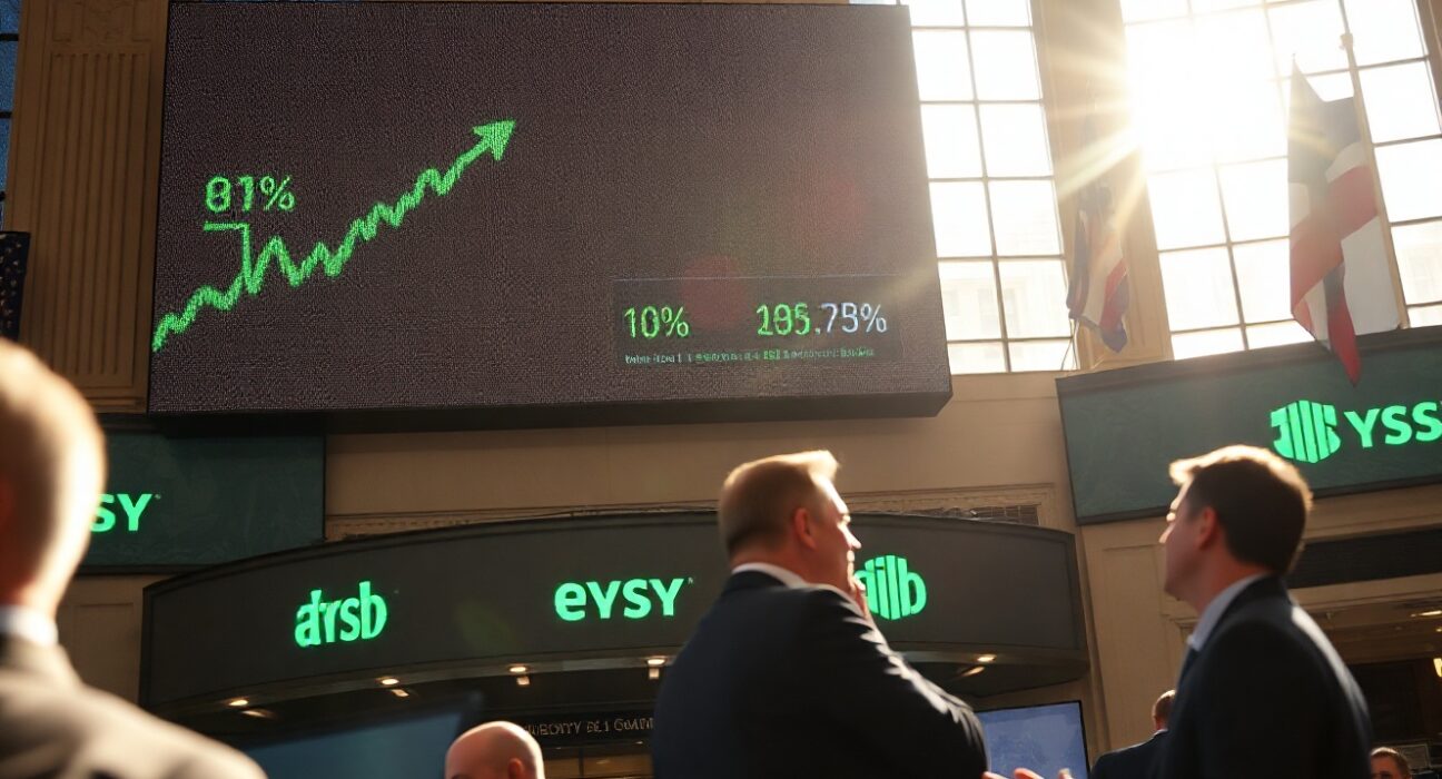 Dow Jones Industrial Average displayed on NYSE ticker at record high with traders in background