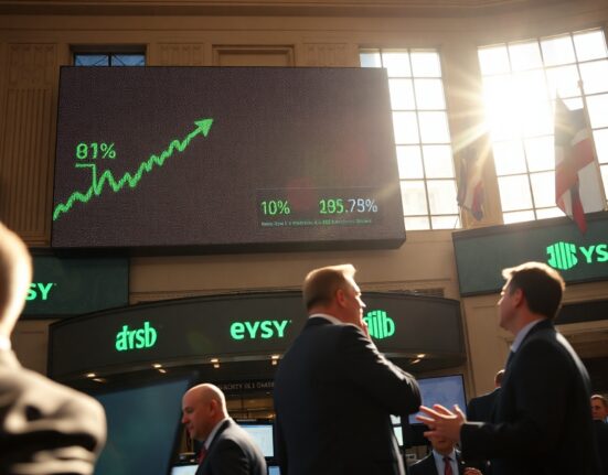 Dow Jones Industrial Average displayed on NYSE ticker at record high with traders in background
