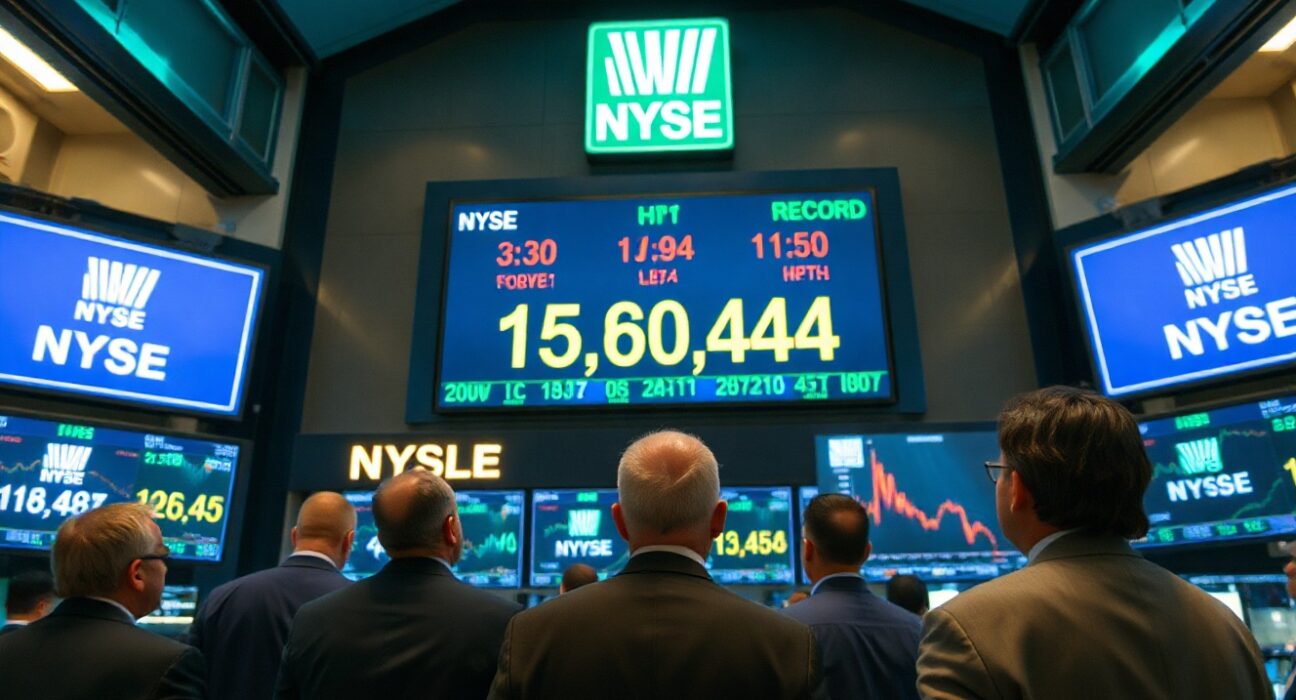 Traders on NYSE floor watching Dow Jones hit record high on screen