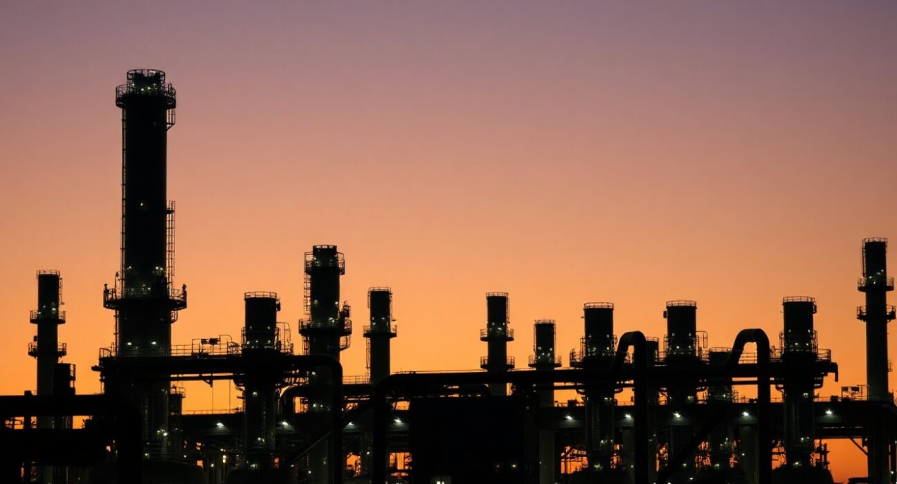 Oil refinery at dusk with towers and pipes, symbolizing refining margins and war premium in fuel markets