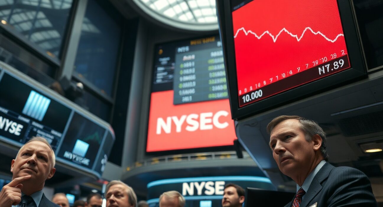 NYSE trading floor with Dow Jones ticker showing a decline amid Iran deal uncertainty