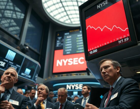 NYSE trading floor with Dow Jones ticker showing a decline amid Iran deal uncertainty