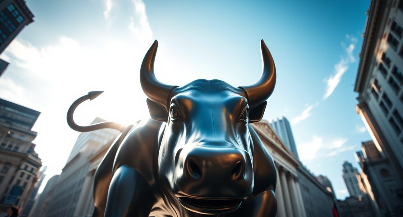 Wall Street bull statue representing the Dow Jones Industrial Average rally amid ceasefire negotiations
