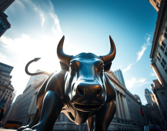 Wall Street bull statue representing the Dow Jones Industrial Average rally amid ceasefire negotiations