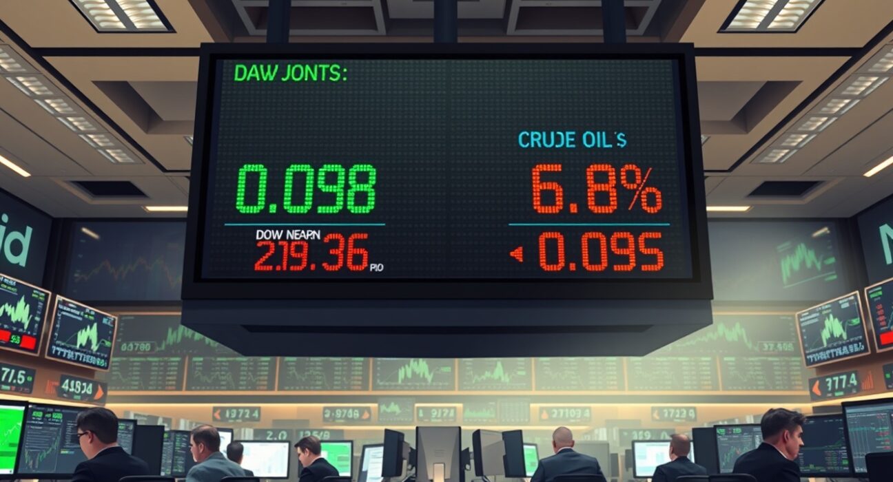 Financial ticker showing the Dow Jones rising and oil prices falling amid geopolitical news.