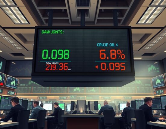 Financial ticker showing the Dow Jones rising and oil prices falling amid geopolitical news.