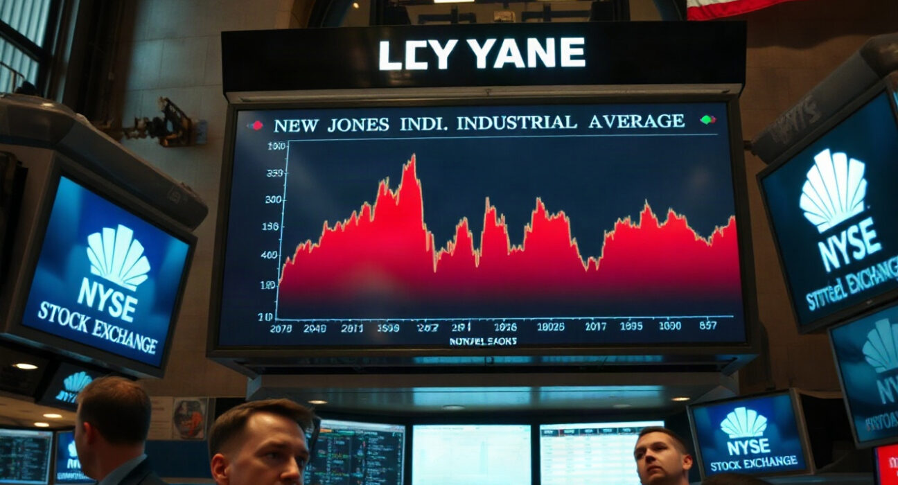 Traders on the NYSE floor watching a Dow Jones chart display during a Fed announcement.