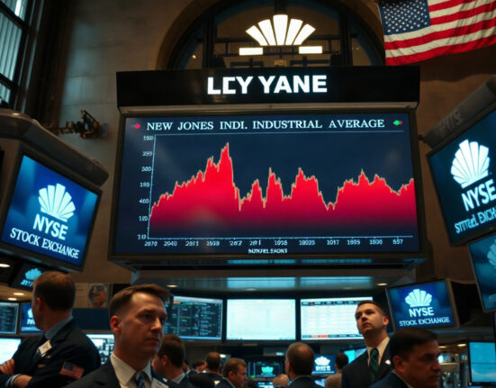 Traders on the NYSE floor watching a Dow Jones chart display during a Fed announcement.