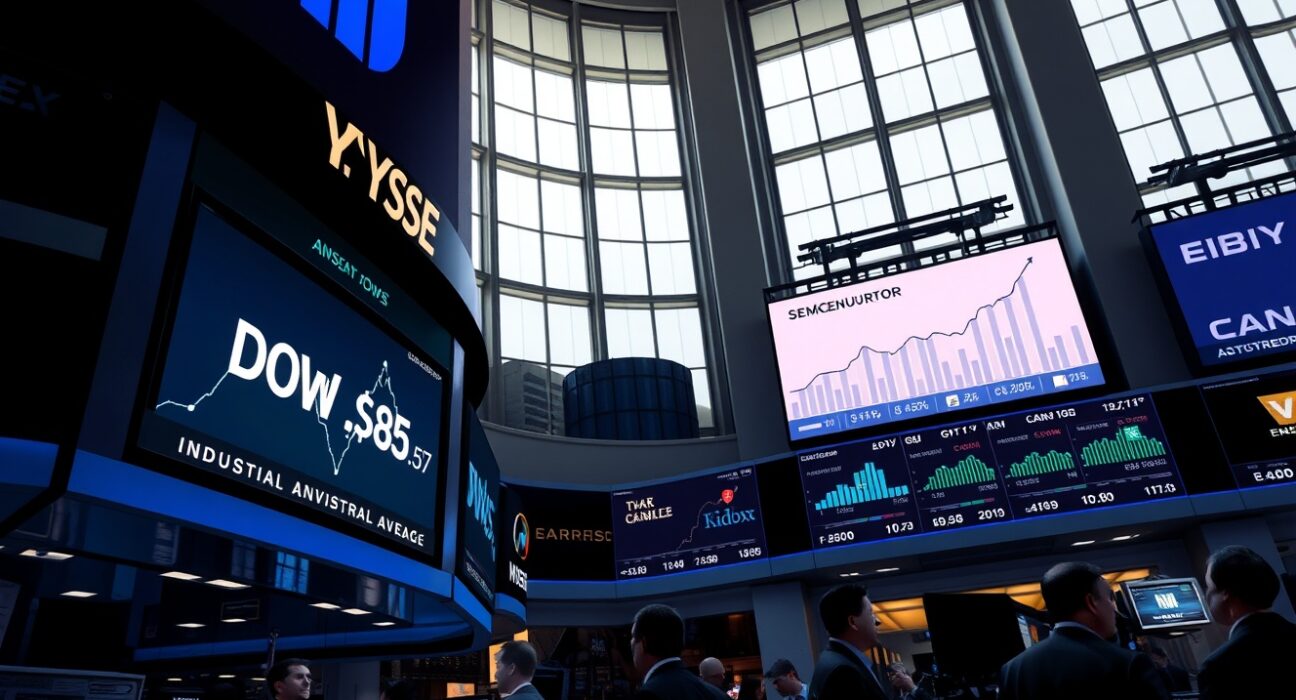 Dow Jones Industrial Average display on NYSE trading floor with semiconductor stock charts showing upward trend