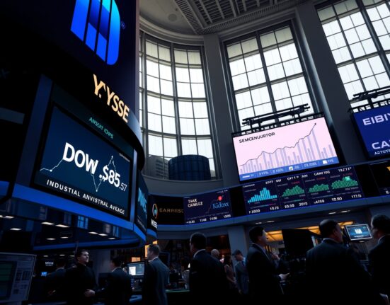Dow Jones Industrial Average display on NYSE trading floor with semiconductor stock charts showing upward trend