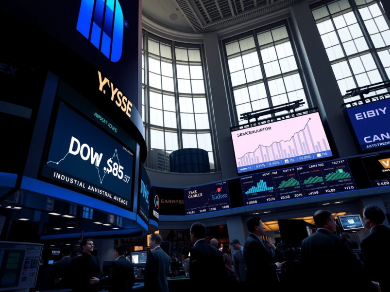 Dow Jones Industrial Average display on NYSE trading floor with semiconductor stock charts showing upward trend
