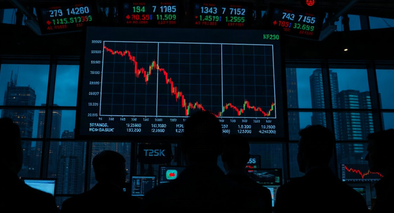 Traders watching a Dow Jones chart with a downward trend in a darkened trading room.